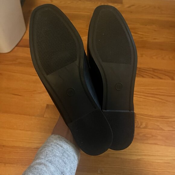 A New Day Size 8.5 Black Faux Leather Slip On Gold Buckle Mules - Picture 3 of 4